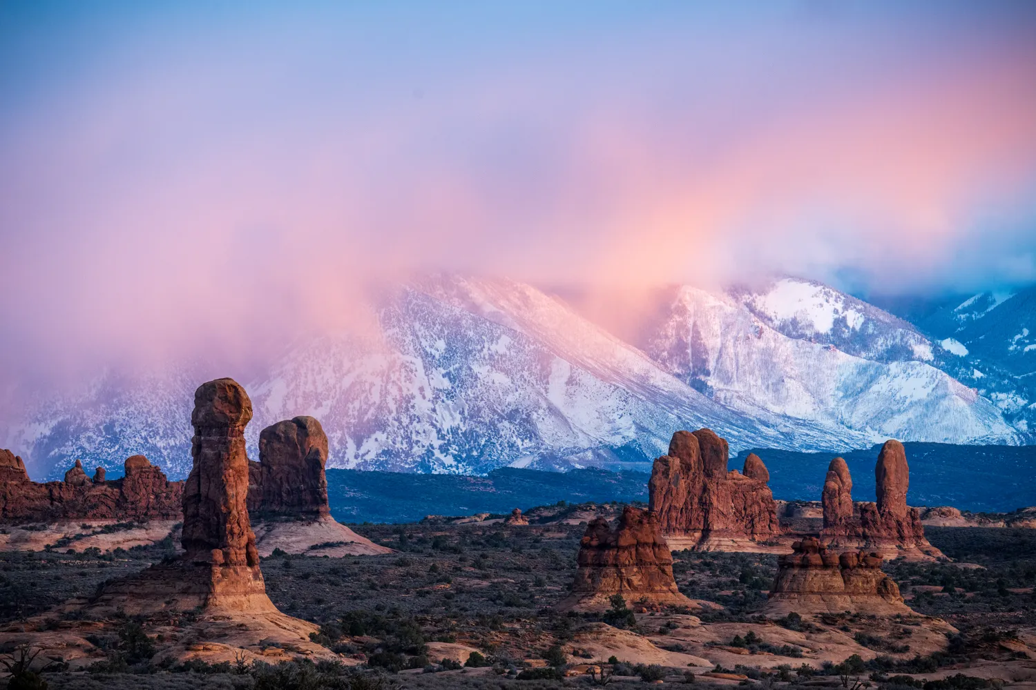 Just before the rain came at sunset in Arches National Park.