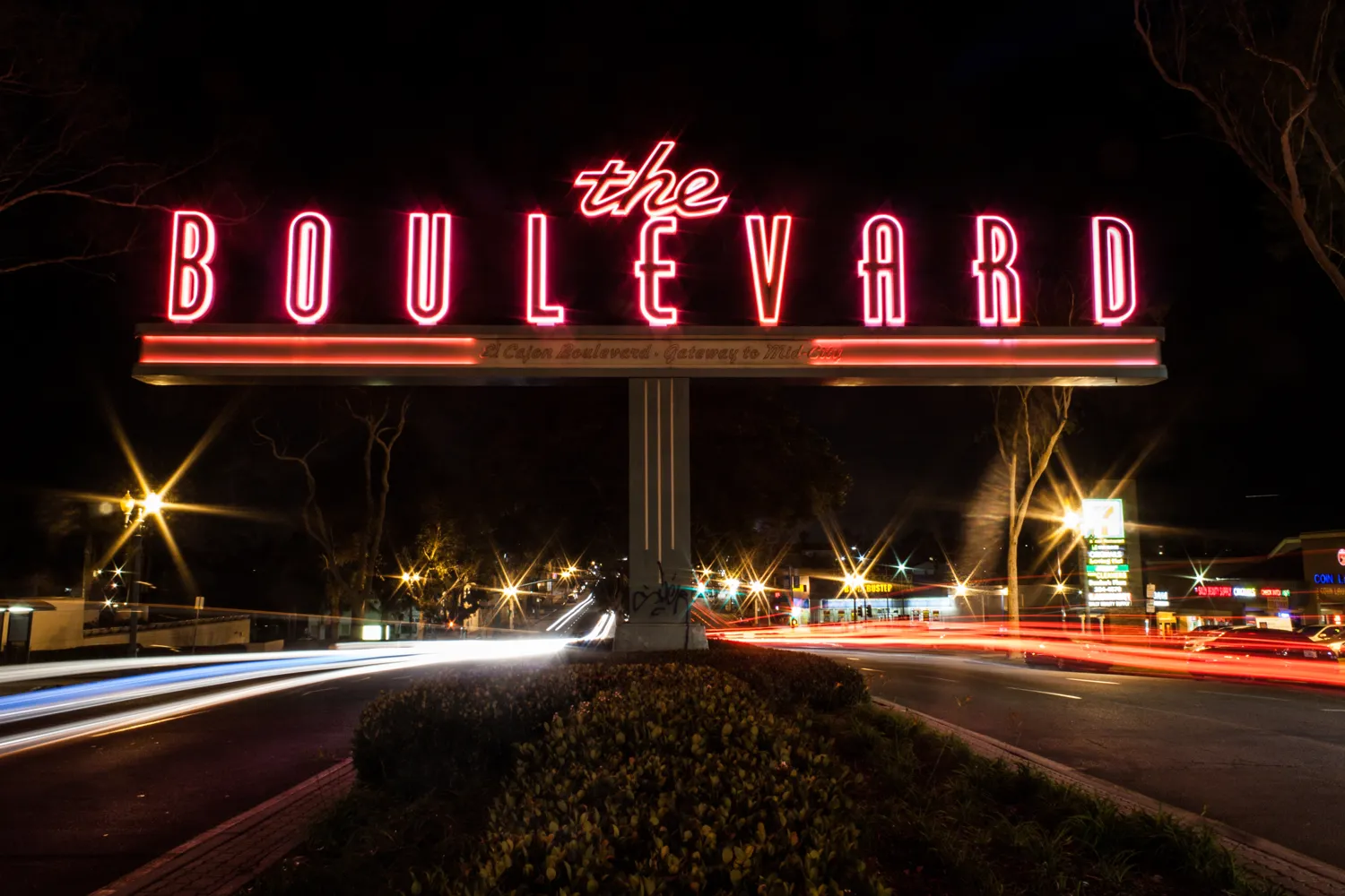 San Diego's El Cajon Boulevard at night through a (slightly) dirty lens.